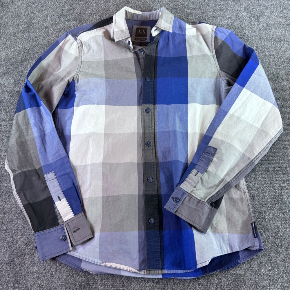 Armani Exchange Button Down Shirt Mens Small Blue Grey Large Check Plaid Fitted - Picture 1 of 8